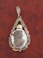 Antique silver pendant with cameo and marcasite