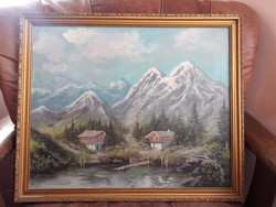 Festmény: havas hegyek, kis házak 50x60 cm