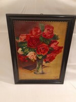 1,-Ft Meseszép jelzett rózsás csendélet festmény 1932-ből