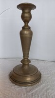 Antique copper candle holder with rich engraved decoration, belt buckle pattern on base, 21.5 cm, good condition