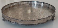 Antique Sheffield silver-plated tray with a beautiful round engraved design and an openwork pattern on the rim