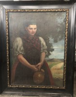 Antique Glatz signed pitcher woman in folk costume oil on canvas painting 80x60+k