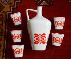 Hollóháza porcelain set retro Matyó pattern Stampedle brandy jug and 5 glasses +1 short drink