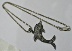 Beautiful old handmade marcasite large dolphin silver pendant on a chain