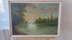 (K) Buka Károly tájkép festmény folyóval 68x49 cm kerettel