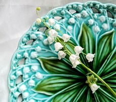 Old turquoise majolica plate with pearl flowers, 17 cm