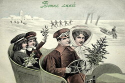 Antik Újévi grafikus színezett képeslap automobil soförrel hölgy gyerekek téli táj korcsolyázók