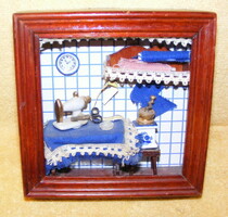 Sewing room doll furniture in a frame for a toy doll