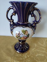 Kobaltkék porcelán váza, matrica jelenet díszítéssel, aranyozott dekorral