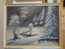 Hailinger  Sándor (1921 - 1988 ) Téli táj éjszaka olaj - vászon , 80 x 60 cm , 90 x 40 cm kerettel