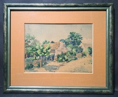 Village street - watercolor in a nice frame - with an unidentified sign