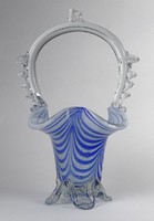 1N470 Régi kék-fehér fújt muránói üveg művészi kosár 21 cm