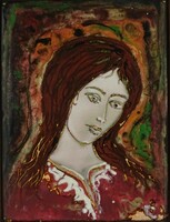 1N489 xx. Century artist: female portrait enamel painting fire enamel 30 x 25 cm