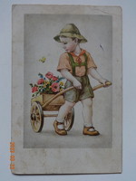 Régi grafikus köszöntő képeslap - kisfiú virágos talicskával (1942)