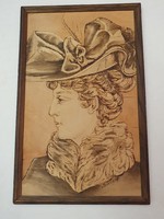 Pyrograph female portrait. With Bodony sign