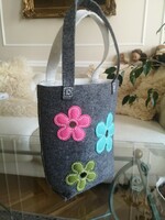 Filc táska, kézzel készült, stilizált virágok, szürke-natúr 30x30 cm