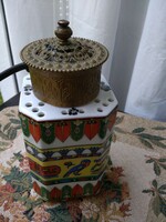 Antique German porcelain scent lamp decorated with an Egyptian theme, with a filigree copper top