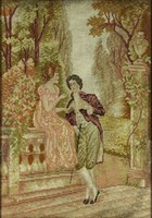 1M452 antique needle tapestry: courtship in the castle garden 76 x 59 cm