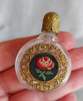 Antik Parfümös Üveg Gobelin Rózsával, Aranyozott Fém Kupakkal-Rátéttel