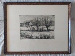 Two wood etchings, signed, in original frame, flawless 57 x 44 cm
