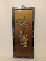 Antique Chinese relief inlaid painted life picture black lacquer furniture wall picture China Asia 3 4368