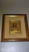 Antik régi arany fóliás cromo litográfia keretezett jelzett kép Roma Trinita dei Monti