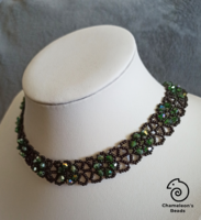 "Black and Green Beading Lace Necklace" csipkemintás gyöngyfűzött nyakék