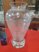 Old biedermeier carved rose glass crystal vase. 16.5 Cm.