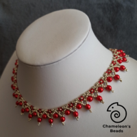 "Cherry Red Elegance Beading Necklace" cseresznye piros-ezüst elegáns gyöngyfűzött nyakék