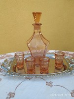 Retro borostyán színű italos készlet eladó! Art deco üveg + 3 pohár eladó!