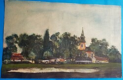 Tilles Béla : Falusi táj templommal  Akvarell
