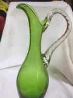 Gyönyörű, kézzel készített nagy zöld üveg karaffa, üvegpalack, kiöntő, kancsó - N18
