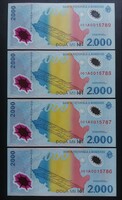 Románia 2.000 Lei 1999, 4 db UNC sorszámkövető