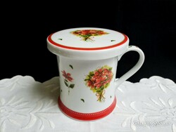 Virág mintás porcelán teás bögre, csésze tetővel