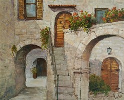 Lantos György "Mediterrán udvar II." festmény keret nélkül, ingyen postával (keretezése megoldható)