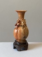 Antique grease stone vase with Asian needlework flower decoration