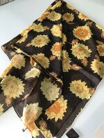 Huge hand-rolled silk scarf with yellow flowers on a deep brown background, 105 x 105 cm