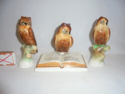 Bodrogkeresztúr ceramic owl figure, nipp - three pieces together - one of the bookish owls