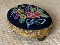 Antique footstool with beautiful flower bouquet embroidery