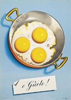 Jó étvágyat! Vintage svájci reklám plakát 1961, modern reprint nyomat, tükörtojás serpenyő reggeli