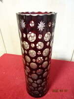 Bordó üveg, kristály váza, henger alakú, magassága 25,5 cm. Jókai.