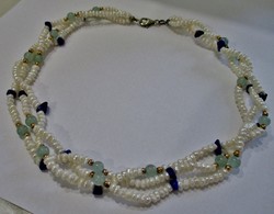 Beautiful 3-row real pearl necklace with lapis lazuli, aquamarine, silver clasp