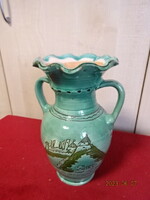 Green-glazed ceramic vase with sümeg inscription and landscape. Jokai.