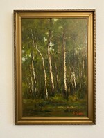 Forest interior, large-scale oil on wood painting in original frame, 60 x 90 cm