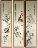 1M476 Hímzett hármas japán selyemkép keretezve 105 x 27.5 cm