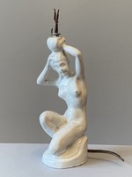 Female nude naked girl holding a jug, white glazed ceramic statue, lamp holder base
