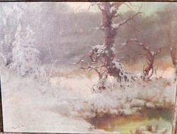 László Pántl Csaba (1904-1984) winter forest with stream