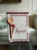 Recipe booklet, hand-embroidered, A4 size, new needlework with a wooden spoon