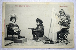 Antique photo postcard of children as painters and models in the studio