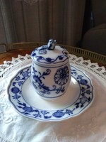 Antik Kardos jelzésű Meissen porcelán, kék hagymamintás mustártartó